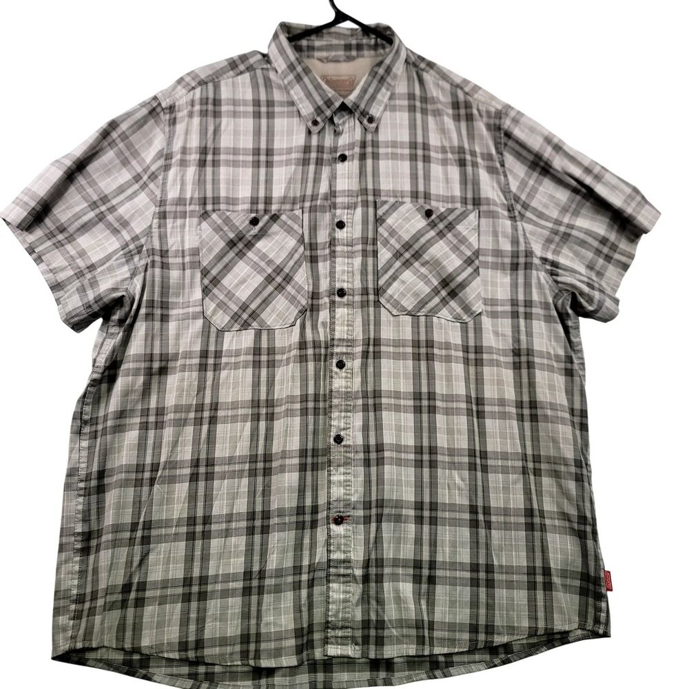 Coleman Mens Plaid Short Sleeve Button-Up Shirt XXL Gray White Vented Fishing